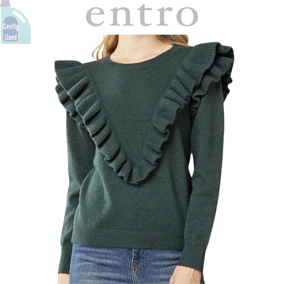 Entro Hunter Green Ruffle Sweater Size Large  💚 - Picture 2 of 7
